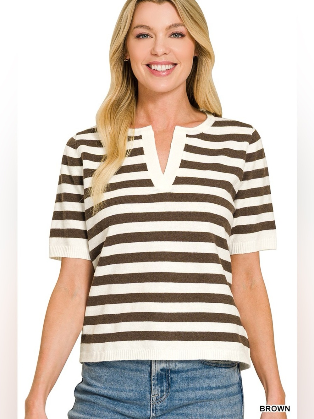 Zenana Split Neck Stripe Short Sleeve Sweater